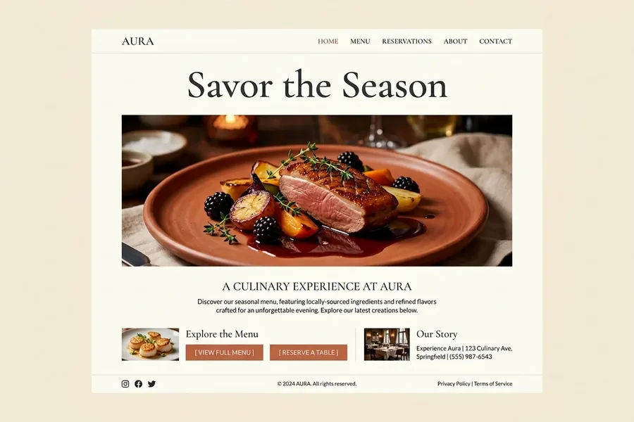 Restaurant homepage with a plated dish and a serif headline.